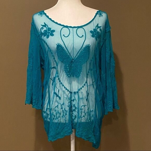Urban Mangoz See Through Bell Butterfly Mesh Sleeve Top Size Small - Picture 2 of 14